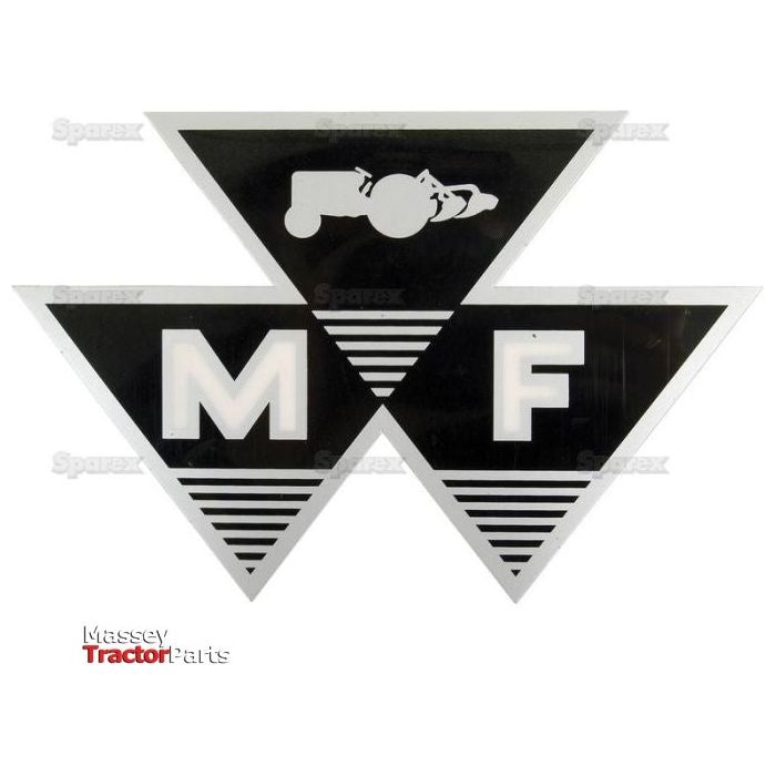 The Decal - Massey Ferguson Triple Triangle (Sparex Part No. S.2089) features a black and white logo made up of three triangles. The top triangle displays a tractor, while the bottom left and right triangles contain the letters "M" and "F" respectively. "Massey Tractor Parts" is presented in red and black text, capturing the essence of the iconic Triple Triangle design that pays homage to Massey Ferguson. This decal is brought to you by Sparex.