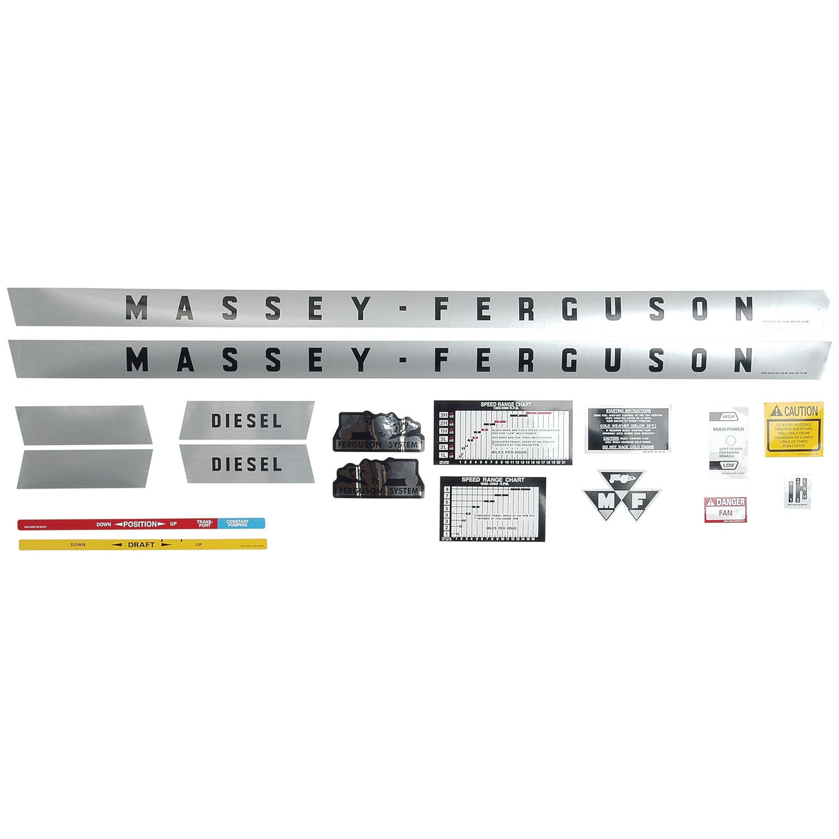 A Sparex S.60006 Decal Set for Massey Ferguson 135, featuring brand logos, safety notices, fuel type labels, a performance chart, and several instructional stickers, all spread out on a white background.