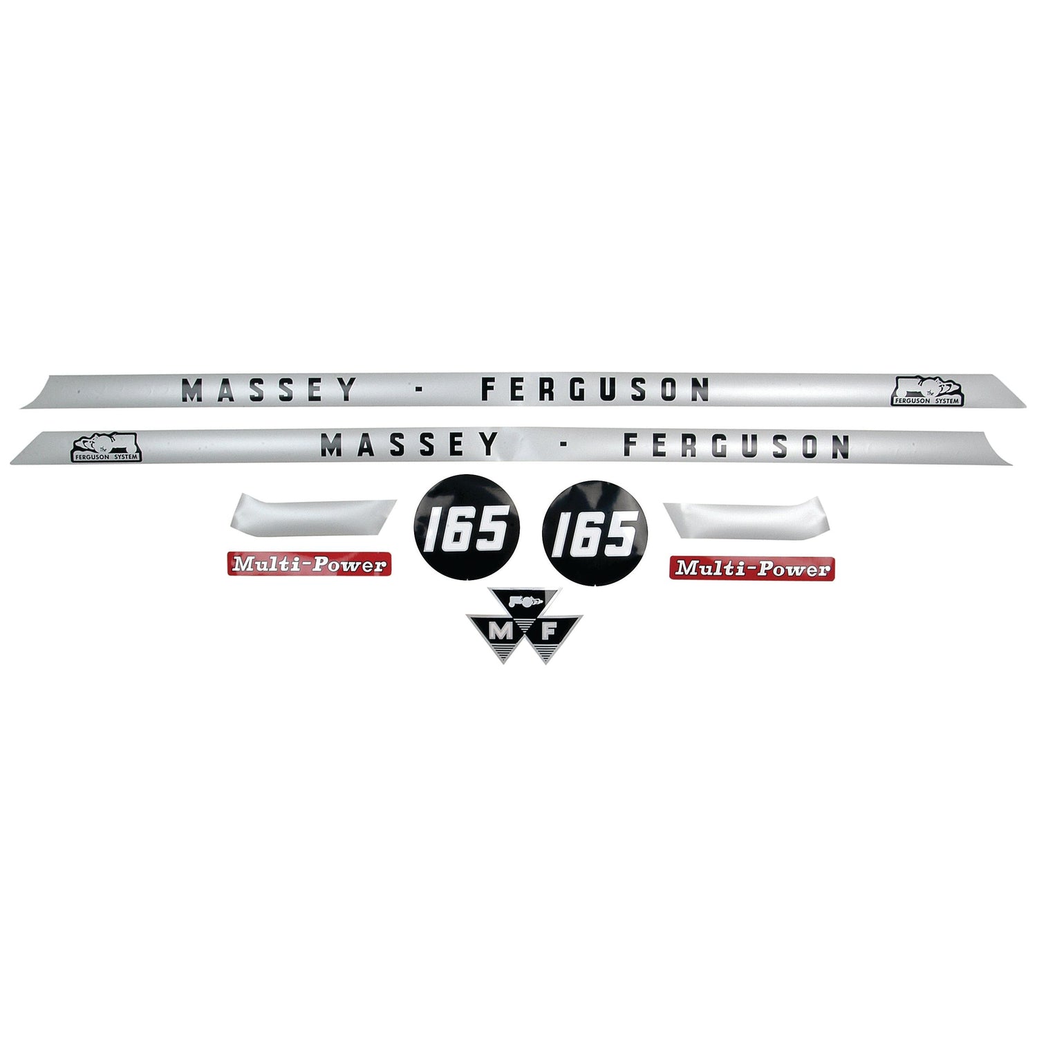 The Decal Set - Massey Ferguson 165 (Sparex Part No. S.41181) by Sparex includes two Massey Ferguson name strips, two 165 number decals, a triangular MF logo, and two Multi-Power labels.