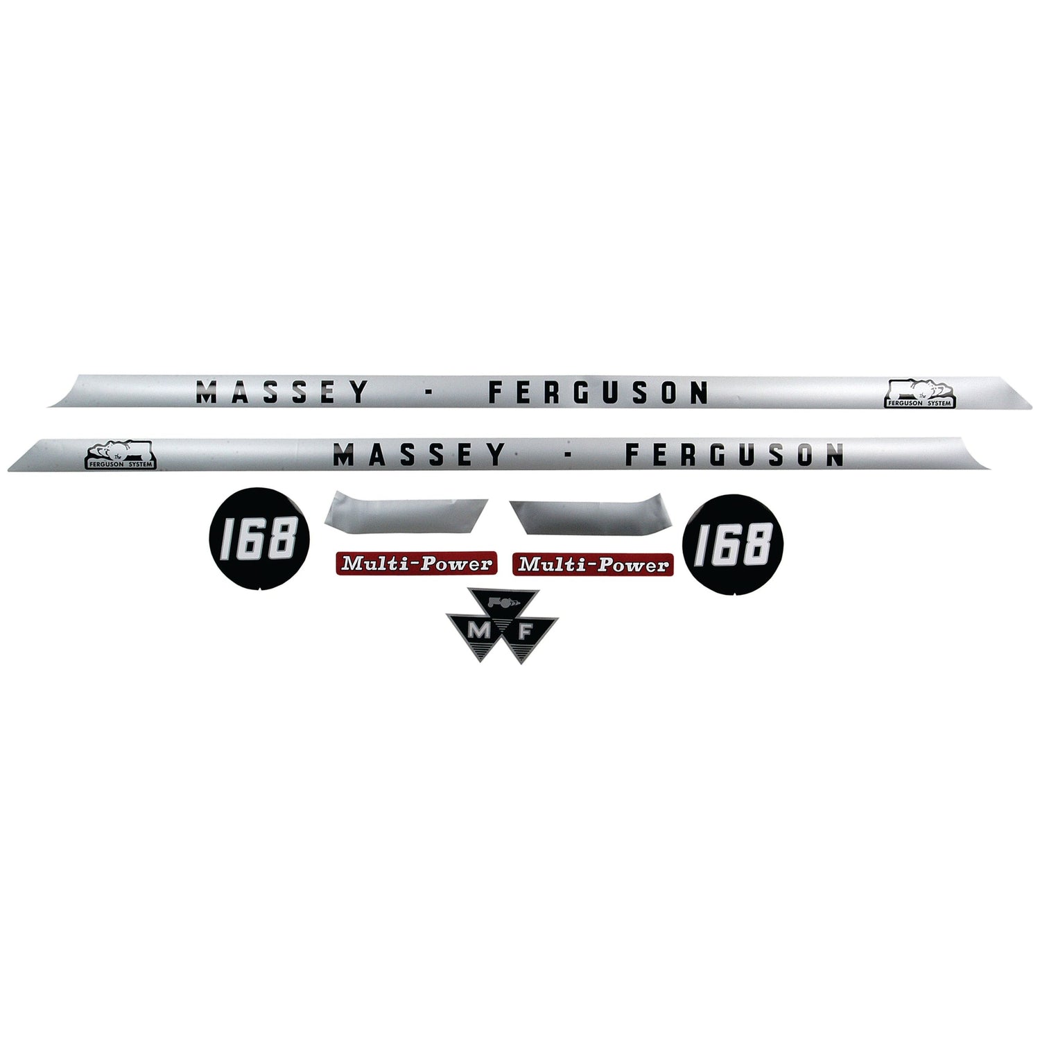 The Sparex Decal Set for Massey Ferguson 168 (Part No. S.41182) includes side labels, Multi-Power logos, "168" circles, and a triangular MF emblem.