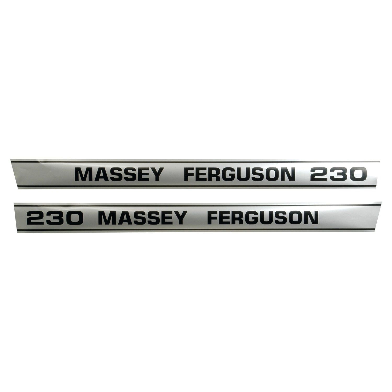 The Sparex Decal Set (Part No. S.41187) includes two silver nameplates with black text reading "MASSEY FERGUSON 230" and "230 MASSEY FERGUSON," arranged horizontally, making it perfect for anyone looking to restore their Massey Ferguson 230 tractor.
