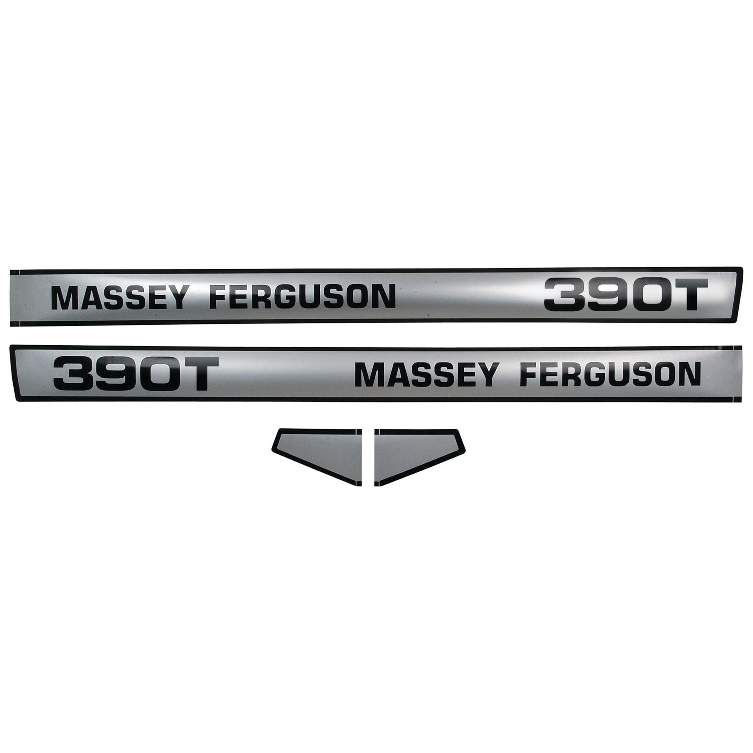 Decal Set - Massey Ferguson 390T (Sparex Part No.S.42470) by Sparex displayed in two long strips, one inverted, with a small triangular piece below.