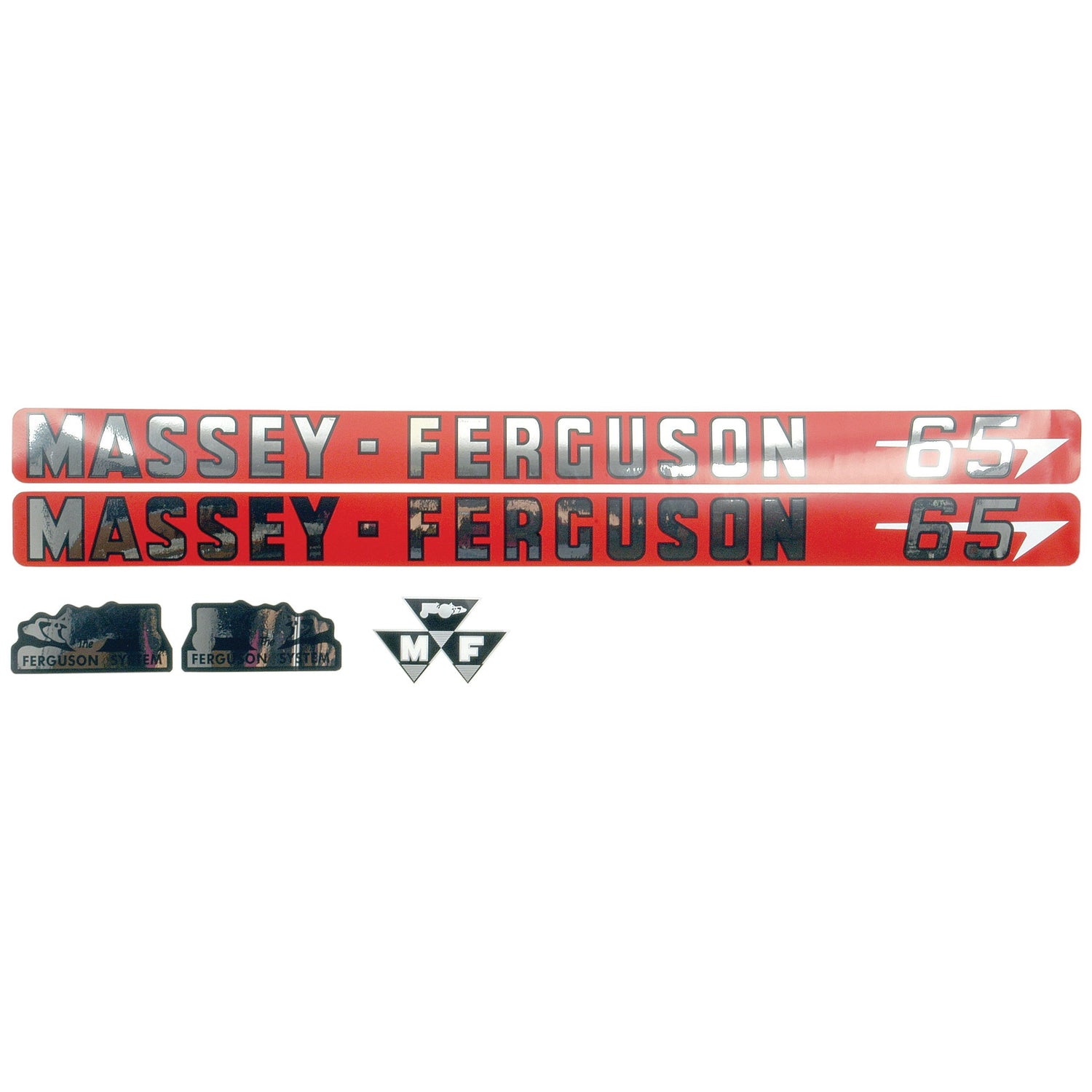 The Decal Set - Massey Ferguson 65 (Sparex Part No. S.41179) from Sparex includes two long red and silver name decals, two logos, and one triangular badge featuring 'MF' and a tractor.