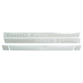 The Sparex Decal Set (Part No. S.8415) includes multiple white decals designed for Ford New Holland 3600 tractors, featuring two with "FORD" text, one with "3600" text, and two plain white strips. These decals are compatible with various tractor parts from Sparex.