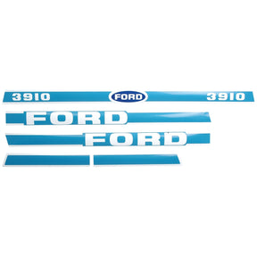 Decal Set | Sparex Part No. S.8426 from Sparex: Blue decal set for a Ford / New Holland 3910 tractor with "FORD" and "3910" in white text, suitable for models from 1981 to 1986.