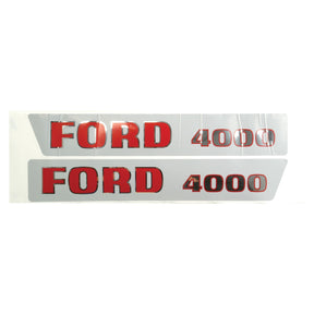 Two Decal Sets for Ford / New Holland 4000 (Sparex Part No. S.8536), featuring silver decals with red lettering, are displayed side by side against a white background. These authentic Sparex decals perfectly capture the classic style of early Ford 4000 tractor models.