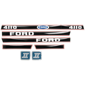 The Sparex Decal Set - Ford / New Holland 4110 Force II (Part No. S.12105) features black and white decals with the text "Ford" and "4110," accompanied by two blue "II" badges, all presented on a white background. This set is specifically designed to fit perfectly with Ford New Holland 4110 models.