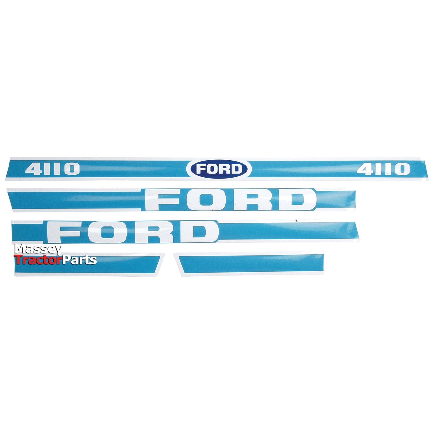 The Decal Set (Sparex Part No. S.8427) for a Ford/New Holland 4110 tractor includes blue and white decal stickers featuring both horizontal and vertical "FORD" labels, as well as "4110" model identifiers. These high-quality decals from Sparex are ideal for tractor restoration or repairs.