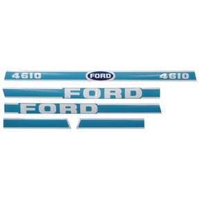 The Decal Set by Sparex (Sparex Part No. S.8428) features Ford logos and model numbers on blue strips, designed for vehicle decal applications and is compatible with models such as the New Holland 4610 and Ford 4610.