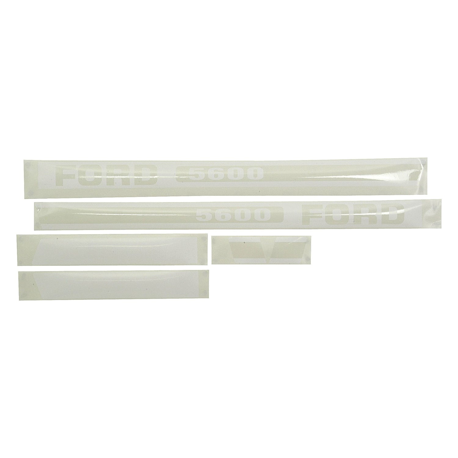 Image of several transparent adhesive strips featuring white printed text that reads "FORD 5600." The strips, ideal for Ford New Holland 5600 tractor parts, are various lengths and displayed on a white background. These decals are part of the Sparex Decal Set, Sparex Part No. S.8418.
