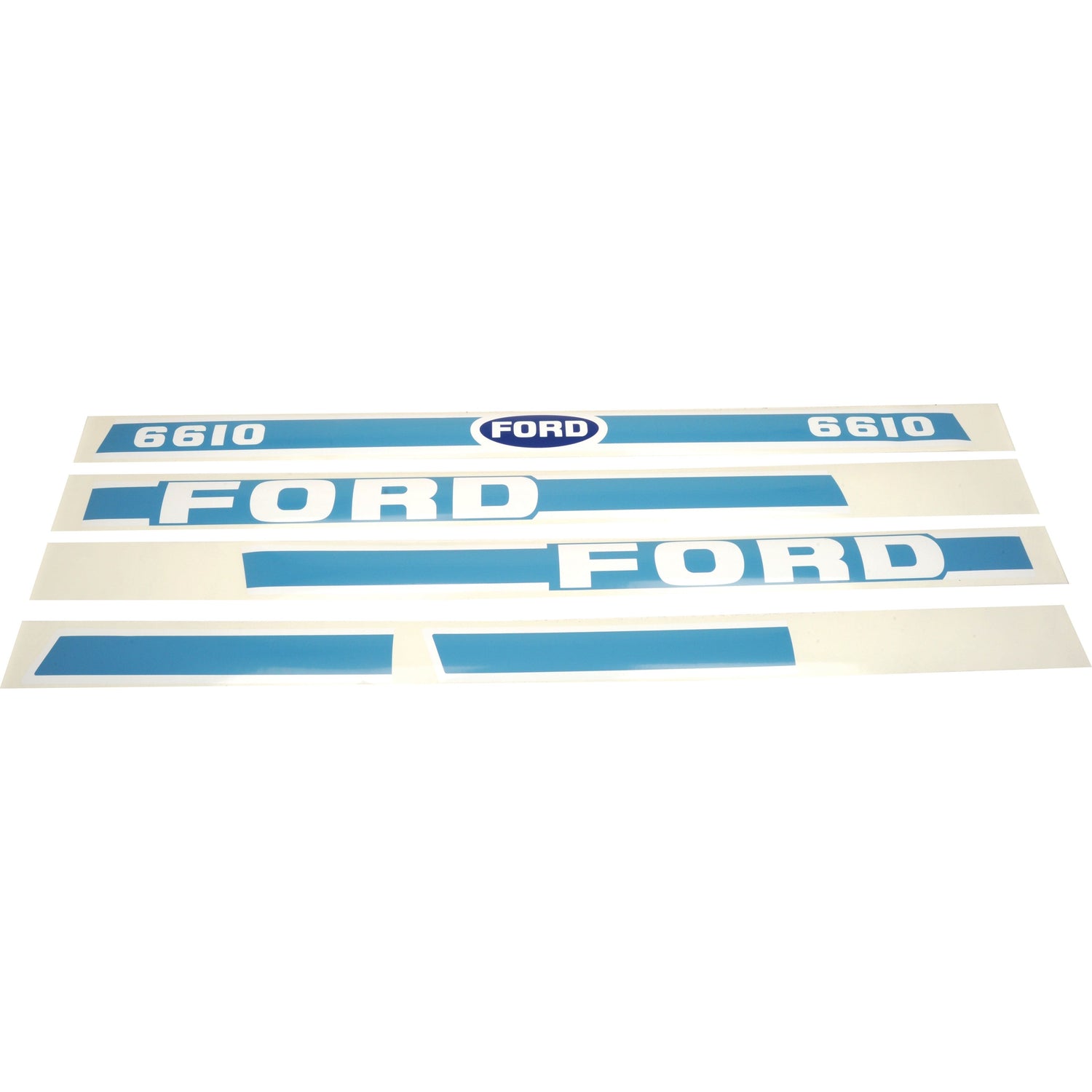 The Sparex Decal Set (Part No. S.8432) offers high-quality blue and white decals specifically for a Ford New Holland 6610 vehicle, featuring the numbers "6610" and the word "FORD" with the emblematic Ford logo centrally placed. These authentic Sparex decals are ideal for restoring your tractor with genuine Ford New Holland parts.
