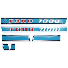 Introducing the Decal Set for Ford/New Holland 7000 by Sparex (Part No. S.12682), featuring blue and white decals with "FORD 7000" in striking red and white text. This comprehensive set includes elongated strips bearing the signature text, as well as smaller, solid blue pieces accented with white borders—ideal enhancements for your Ford New Holland 7000.
