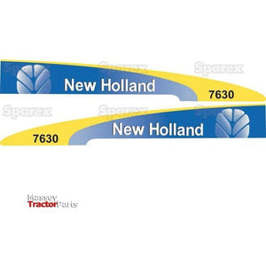 Two blue and yellow decals from the "Decal Set - Ford / New Holland 7630 | Sparex Part No.S.128812" featuring a logo, displayed on a white background with a faint "Sparex" watermark.