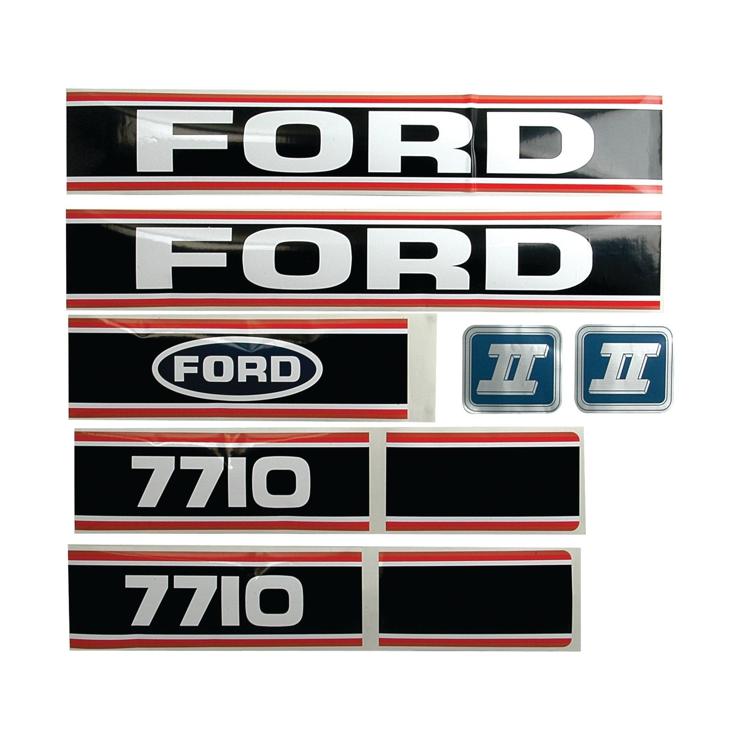 A comprehensive decal set for the Ford / New Holland 7710 Force II, comprising an assortment of black and white decals with red outlines and two blue "Force II" emblems, available from Sparex (Part No. S.12111).