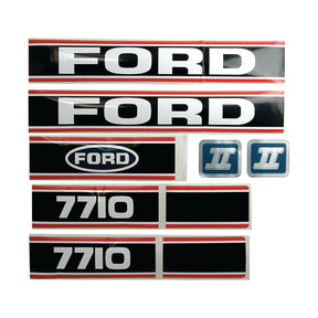 The "Decal Set - Ford / New Holland 7710 Force II" (Sparex Part No.S.12111) from Sparex includes "FORD" labels in white on black backgrounds, "7710" labels, two "II" stickers, and a small oval "FORD" badge with a red outline. This Sparex decal set is perfect for restoring your machine to its original look.