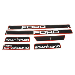 The Sparex Decal Set for Ford / New Holland tractors, specifically model numbers 7840, 8240, and 8340 (Sparex Part No. S.68372), includes "Ford" text decals and features a black design with white and red accents.