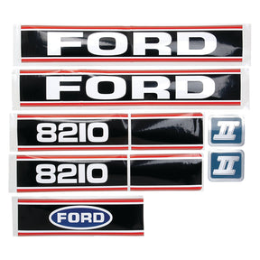 The Decal Set - Ford / New Holland 8210 Force II by Sparex (Part No.S.12113) features a collection of Ford labels, including two large "FORD" stickers, four "Ford 8210" stickers, two "II" stickers, and one oval "FORD" logo sticker, all bordered in red and white.