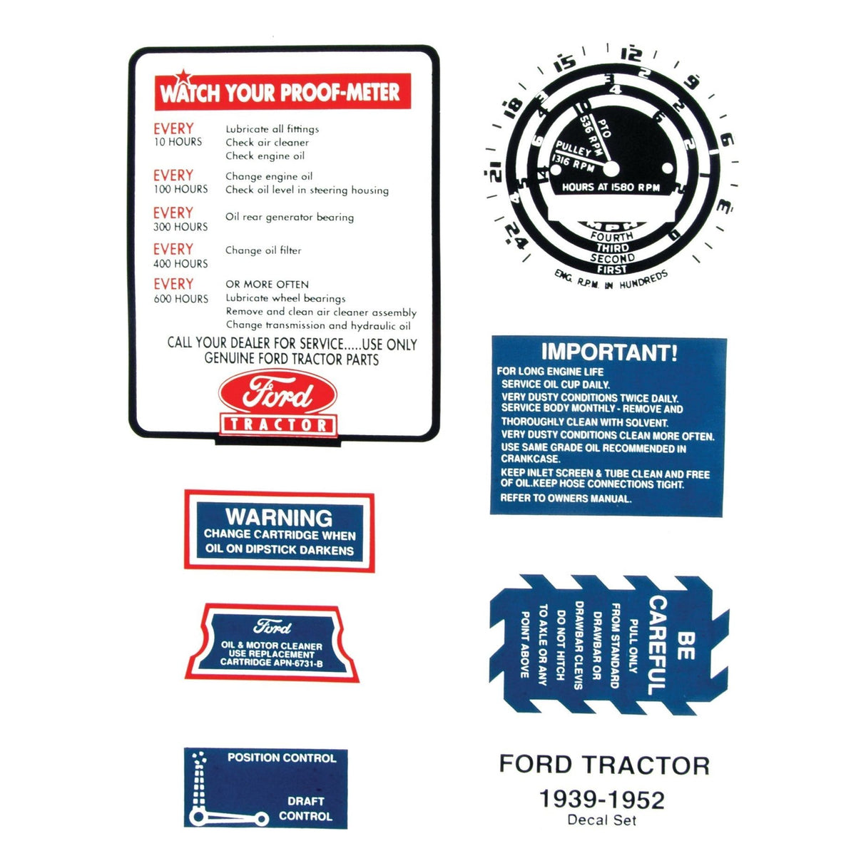 The Sparex Decal Set - Ford / New Holland Ford Restoration (Part No. S.61440) is perfect for Ford or New Holland enthusiasts restoring models from 1939-1952. This set includes various instructional labels such as maintenance schedules, proof-meter use, lubrication tips, and safety warnings.