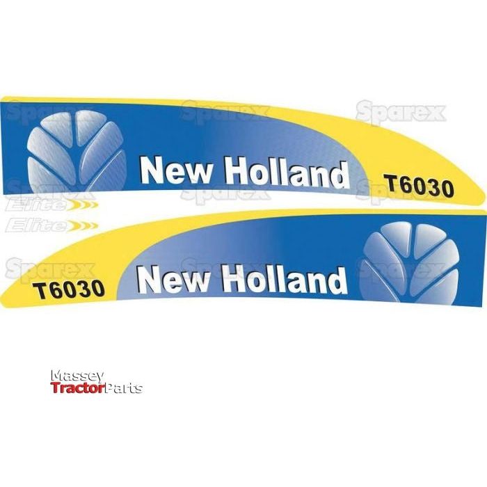 Two decal stickers from Sparex for Ford / New Holland T6030 tractors, featuring a striking blue and yellow design with the New Holland brand logo and model number, available under Sparex Part No. S.128815.