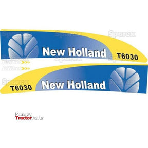 Two decal stickers from Sparex for Ford / New Holland T6030 tractors, featuring a striking blue and yellow design with the New Holland brand logo and model number, available under Sparex Part No. S.128815.