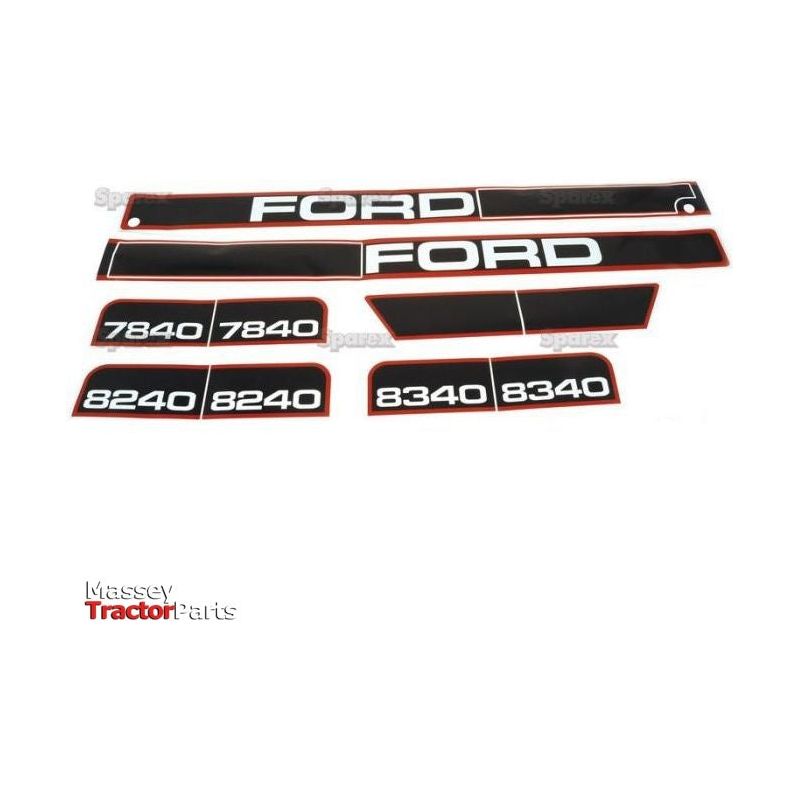 A Decal Set for Ford / New Holland tractors, suitable for models 7840, 8240, and 8340 (Sparex Part No. S.68372), displayed on a white background. The set includes text in black and white with red outlines from the brand Sparex.