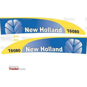 Two stickers featuring blue and yellow colors with the text "New Holland" and "T6080," as well as a leaf-like logo. The caption at the bottom left reads "Massey Tractor Parts." Ideal for New Holland enthusiasts, this decal set is brought to you by Sparex, recognizable under their product name Decal Set - Ford / New Holland T6080 (Sparex Part No.S.128817).