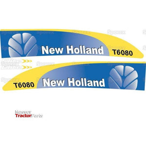 Two stickers featuring blue and yellow colors with the text "New Holland" and "T6080," as well as a leaf-like logo. The caption at the bottom left reads "Massey Tractor Parts." Ideal for New Holland enthusiasts, this decal set is brought to you by Sparex, recognizable under their product name Decal Set - Ford / New Holland T6080 (Sparex Part No.S.128817).