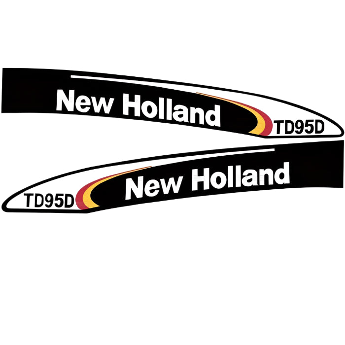 A set of two black decals featuring the "New Holland" and "TD95D" text along with a red and yellow swoosh design. The white background includes the "Massey Tractor Parts" logo at the bottom left. This decal set, identified by Sparex Part No.S.128821 under the brand Sparex, is also marked with Ford New Holland TD95D for authenticity.