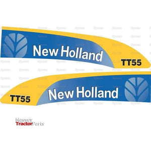 Two yellow and blue decals, featuring the text "New Holland" and "TT55" along with a leaf-like logo, are displayed at an upward angle on the right side. These decals are part of the Sparex Decal Set - Ford / New Holland TT55 (Sparex Part No.S.128825).