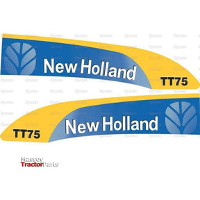 Two Sparex Ford / New Holland TT75 tractor decals with a blue and yellow design, logo, and product name displayed. This decal set also includes the Massey Tractor Parts logo in the bottom left corner, perfect for enhancing your Ford New Holland equipment. Product Name: Decal Set - Ford / New Holland TT75 | Sparex Part No.S.128826