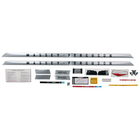 The Decal Set - Massey Ferguson 165 (Sparex Part No.S.60165) features a comprehensive collection of Massey Ferguson 165 tractor decals and labels, including the brand name, diesel labels, instructional text, warning signs, and various other small stickers. This set has everything you need to keep your Sparex-marked equipment looking authentic.