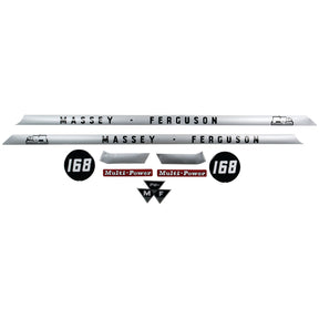 The Decal Set - Massey Ferguson 168 (Sparex Part No. S.41182) by Sparex includes two long silver strips, two black 168 emblems, two Multi-Power labels, and a triangular MF logo.