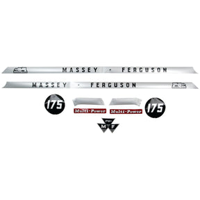The Decal Set - Massey Ferguson 175 (Sparex Part No. S.41183) by Sparex includes two side decals, two round 175 stickers, two Multi-Power decals, and a triangular MF emblem. This Sparex decal set ensures your Massey Ferguson 175 looks sharp and authentic.