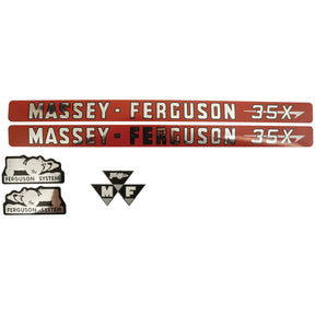 Image featuring the Massey Ferguson 35X Decal Set (Sparex Part No. S.41178), including two long name plates, two badges reading "The Ferguson System," and two triangular Massey Ferguson logos. Brought to you by Sparex for precision and durability.