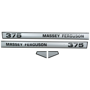 A set of two white rectangular decals featuring the text "MASSEY FERGUSON 375" in black, arranged horizontally with one above the other and a triangular graphic between them. This Decal Set - Massey Ferguson 375 is part of the Sparex collection, item number S.42468.