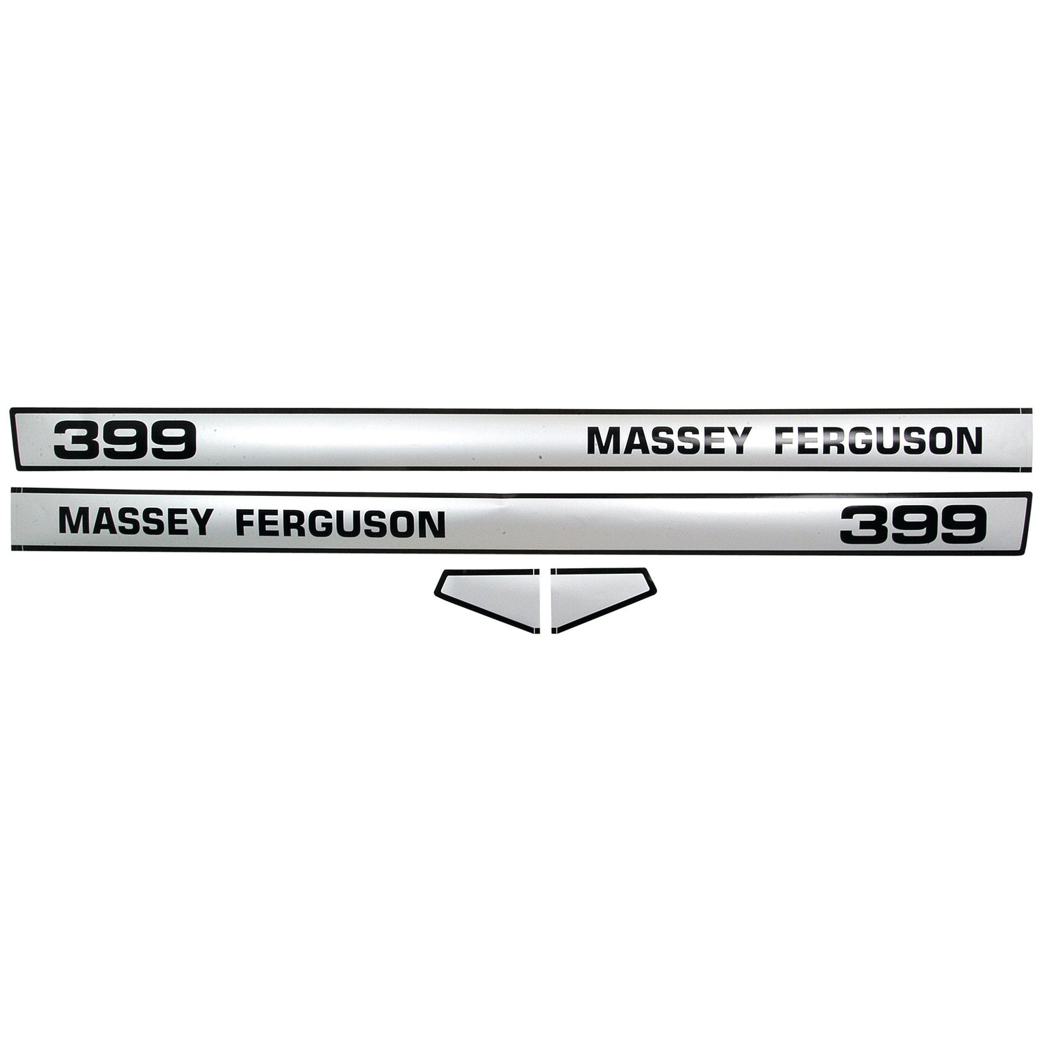 The Decal Set - Massey Ferguson 399 (Sparex Part No. S.42472) includes model numbers (399) and the brand name (Massey Ferguson) on white background strips with black text. This set is ideal for restoring your tractor's original look with high-quality replacements from Sparex.