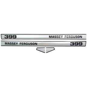 The Decal Set - Massey Ferguson 399 (Sparex Part No. S.42472) includes model numbers (399) and the brand name (Massey Ferguson) on white background strips with black text. This set is ideal for restoring your tractor's original look with high-quality replacements from Sparex.