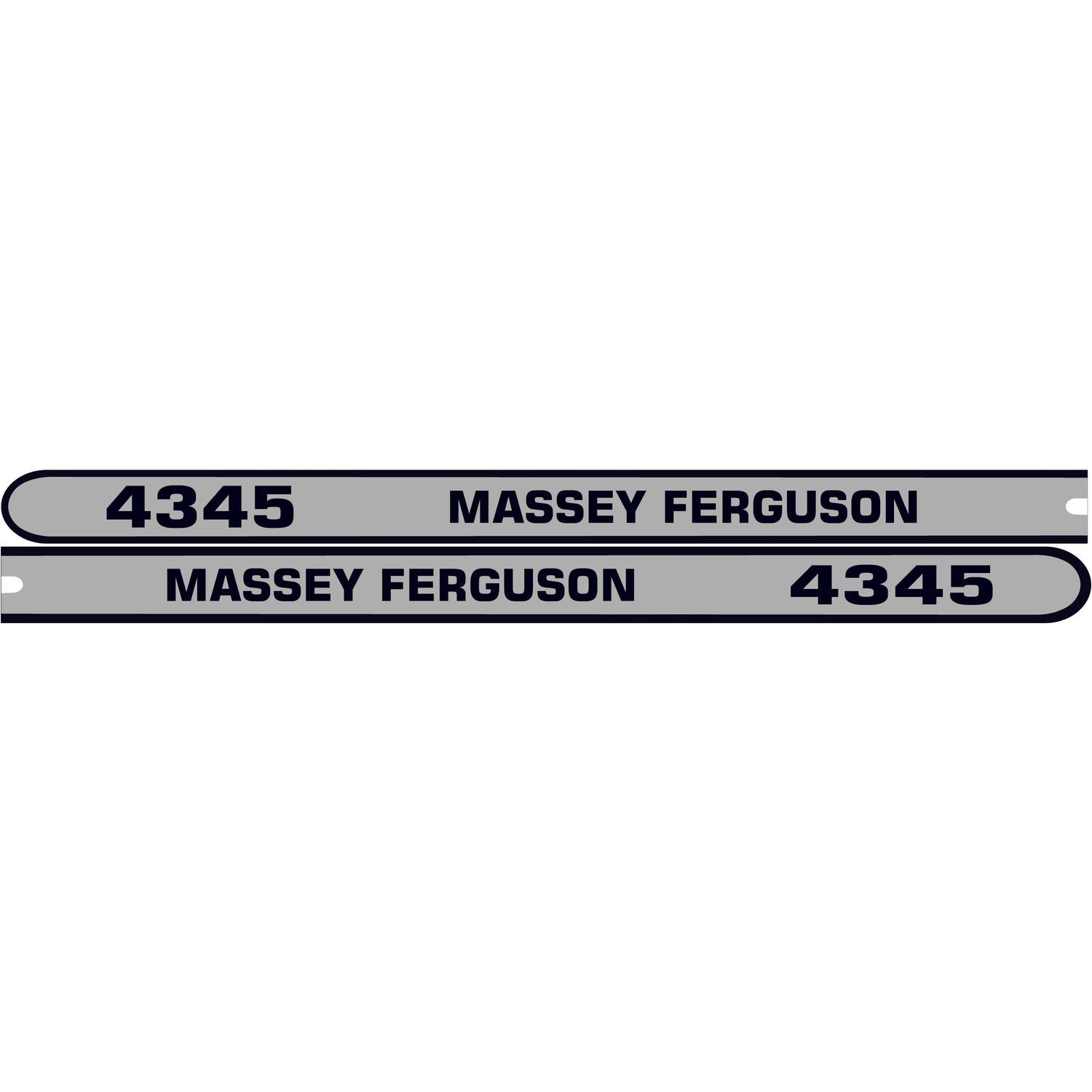The Decal Set - Massey Ferguson 4345 by Sparex (Part No.S.118323) is a stunning collection featuring two decals with "4345" in black text on a silver background. One decal displays "4345" on the left side, while the other showcases it on the right.