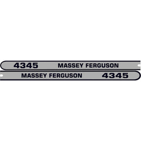 The Decal Set - Massey Ferguson 4345 by Sparex (Part No.S.118323) is a stunning collection featuring two decals with "4345" in black text on a silver background. One decal displays "4345" on the left side, while the other showcases it on the right.