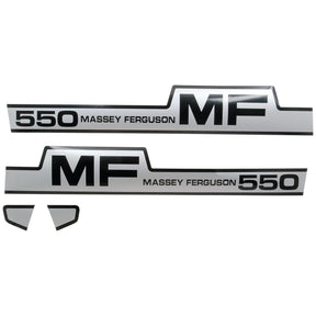 This high-quality decal set, part of the Sparex collection, includes two Massey Ferguson 550 decals featuring black "MF" and "MASSEY FERGUSON 550" text on a white background, along with two small geometric stickers. This product is named Decal Set - Massey Ferguson 550 (Sparex Part No.S.41194) and comes with a guarantee of durability and authenticity from the trusted brand Sparex.