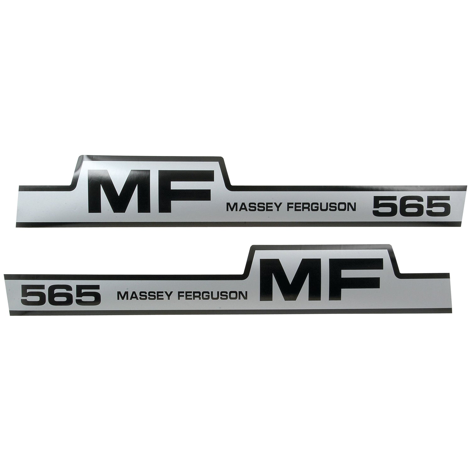 Two decals featuring the text "MF Massey Ferguson 565" in black letters on a white background. The top decal is mirrored compared to the bottom one, forming the Massey Ferguson Decal Set from Sparex (Part No. S.41196), perfect for restoration projects.