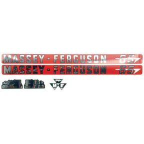 Introducing the Decal Set - Massey Ferguson 65 (Sparex Part No. S.41179) by Sparex, which includes two long red decals with white and black lettering, two black decals, and one triangular logo decal. This premium decal set is an excellent choice to refresh your tractor's look.