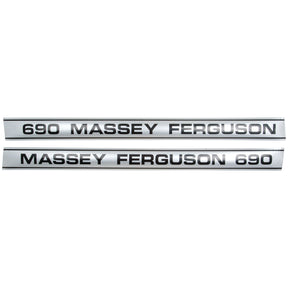 Two identical metal nameplates, from the Decal Set - Massey Ferguson 690 (Sparex Part No. S.41200), read "690 MASSEY FERGUSON" with black lettering on a silver background.