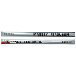 Two metal parts are labeled with the Sparex Part No. S.41203 decal set, featuring "Massey Ferguson 699" in black text and a red-and-white "Massey Tractor Parts" logo from Sparex's Massey Ferguson decal set.