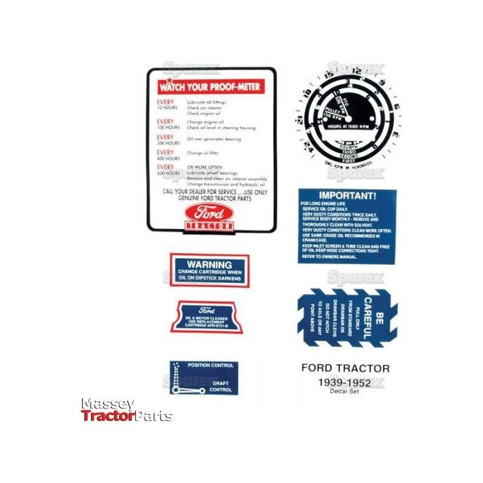 The Decal Set - Ford / New Holland Ford Restoration (Sparex Part No. S.61440) by Sparex offers a variety of vintage Ford tractor decals and labels, including proof-meter instructions, service reminders, and warning labels, all displayed on a white background. Perfect for Ford restoration projects, this set represents the quality and attention to detail needed for authentic restorations.