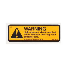 A yellow and black warning sign from AGCO reads: "WARNING. High pressure steam and hot water. Remove filler cap with extreme care. DO NOT REMOVE OR OBSCURE DECAL for Massey Ferguson tractors - Decal Warning - 3595685M1.