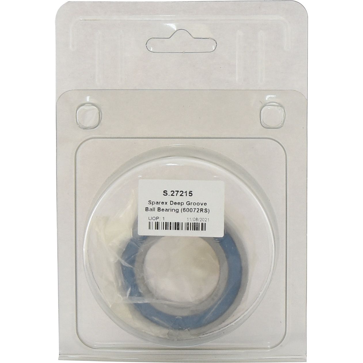 A packaged deep groove ball bearing with a label reading "Sparex Deep Groove Ball Bearing (60072RS) - S.27215".