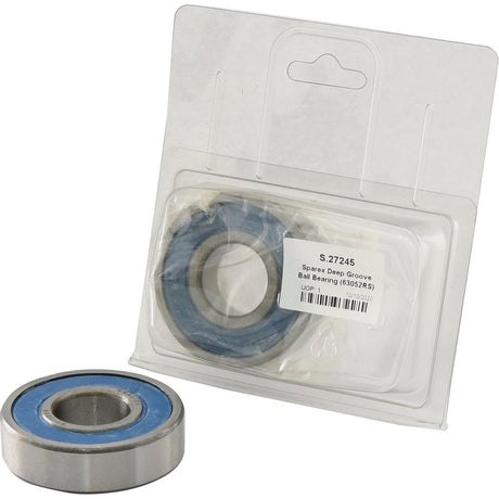 Two Sparex deep groove ball bearings (63052RS), model S.27245, are presented: one encased in plastic packaging and the other placed in front. The packaging, labeled with product details, reveals metal bearings with blue inner rings. Among these, one is a 2RS sealed bearing, ensuring superior durability and protection.

