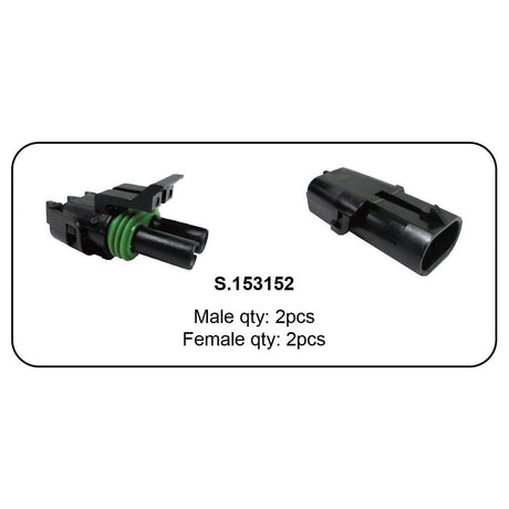 The product Delphi Weather 2 Pole Refill 4pcs - S.153152 by Sparex, featuring two black electrical connectors—one male (2 pcs) and one female (2 pcs)—is shown on a white background.