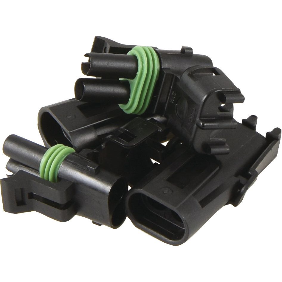 A collection of black, cylindrical electrical connectors with green rubber seals labeled as Delphi Weather 2 Pole Refill 4pcs - S.153152 from the brand Sparex.